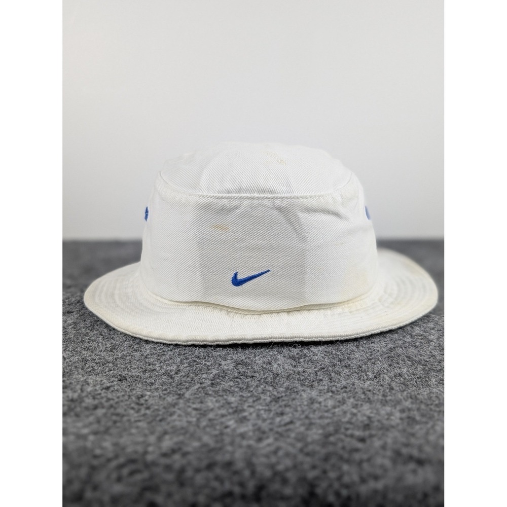 VTG Nike Bucket Hat Cap Mens White Blue Swoosh Embroidered Cotton Twill OSFM Y2K